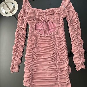 Pink Ruched Puff Sleeve Bodycon Dress